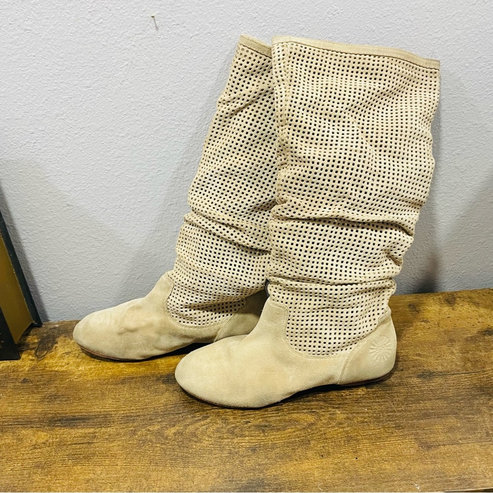 Ugg Abilene Slouch Boots Womens Size 7.5 Tan Suede Neutral Leather Sheepskin